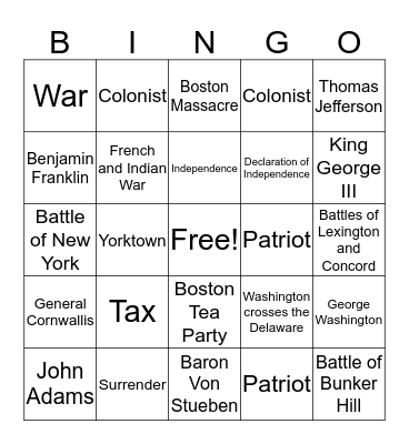 American Revolution Bingo Card