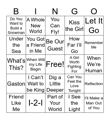 Disney Songs Bingo Card