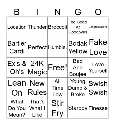 2018 Hits Bingo Card