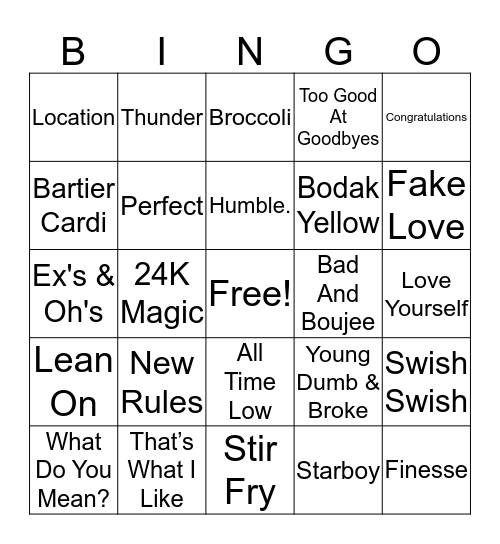 2018 Hits Bingo Card