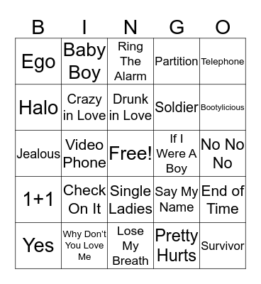 Beyonce Bingo Card