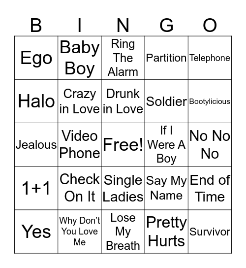 Beyonce Bingo Card