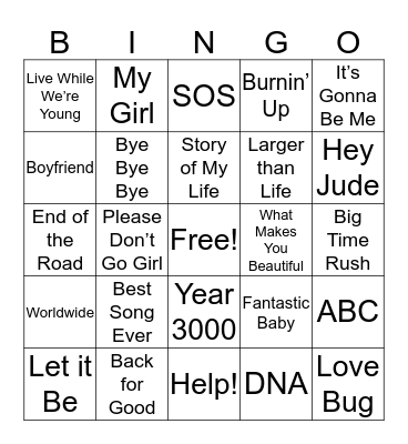 Boy Bands Bingo Card