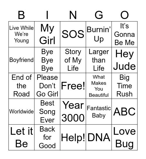 Boy Bands Bingo Card
