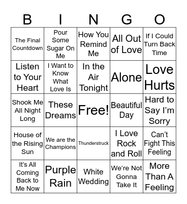 Power Ballads Bingo Card