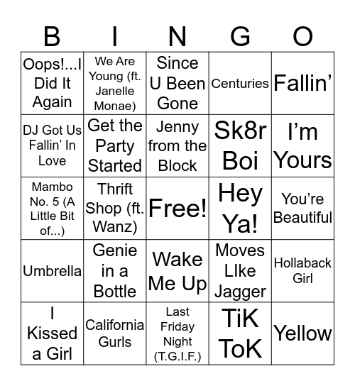 2000's/2010's Hits Bingo Card