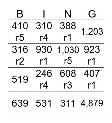 LONG Division! Bingo Card