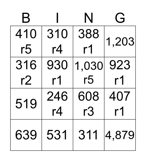 LONG Division! Bingo Card