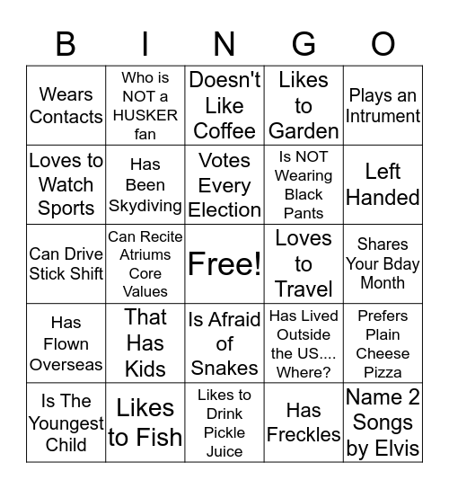 Know Your Team Mates BINGO Card