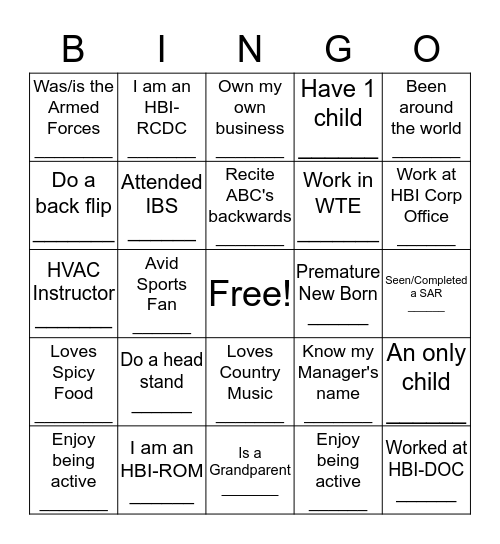 HBI Nice to Meet You... Bingo Card