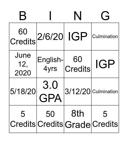 Middle School Bingo Card