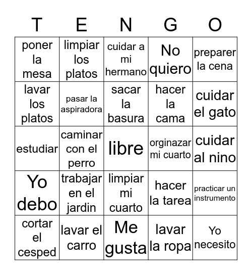 Los Quehaceres Bingo Card