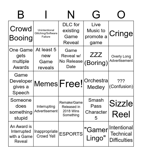 Game Awards Bingo Card