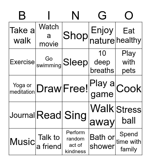 Coping Skills Bingo Card