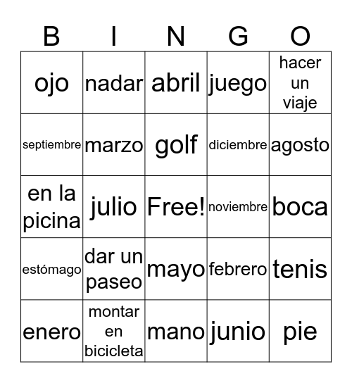 NSE Vocabulario  Bingo Card