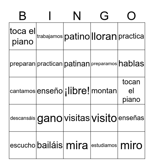-AR Verb Practice - Present Tense Bingo Card