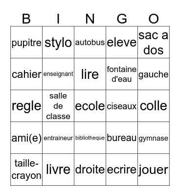 French Vocabulary Bingo Card