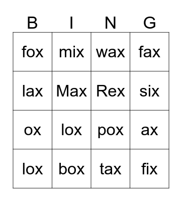 X Bingo Card