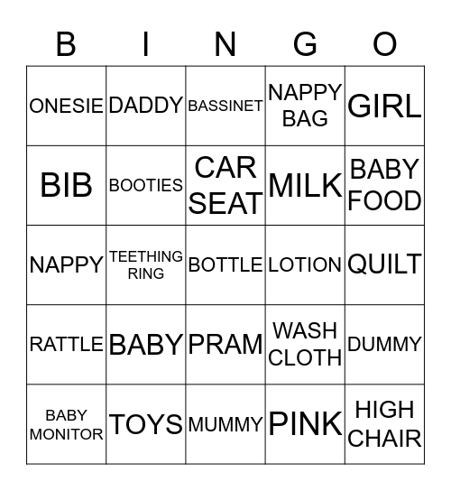 Jazmin's Baby Shower Bingo Card