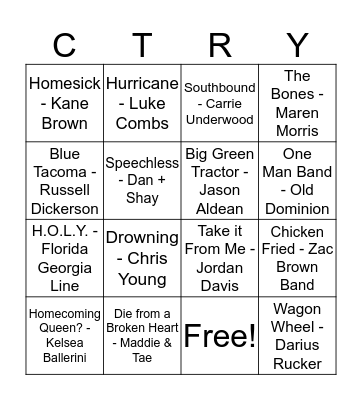 Country Music Bingo Card
