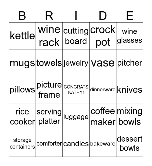 Kathy's Bridal Shower Bingo Card