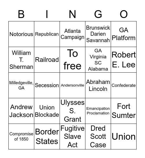 Civil War Review Bingo Card