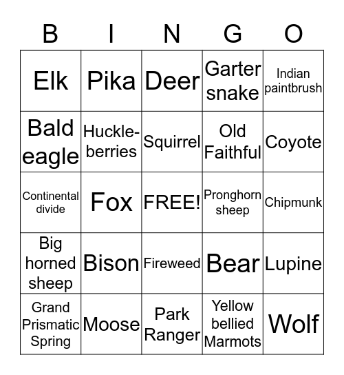 Yellowstone 2014 Bingo Card