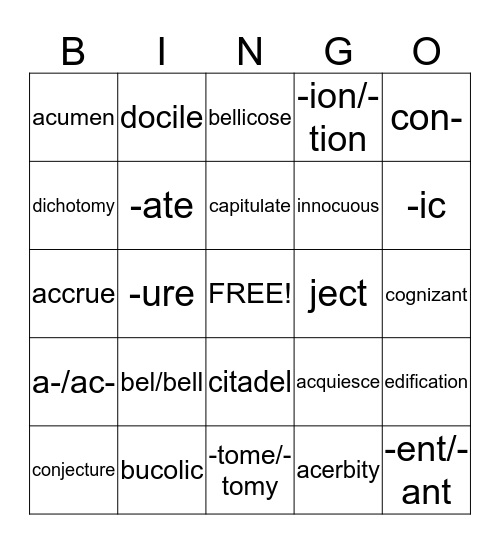 Vocabulary Bingo Card