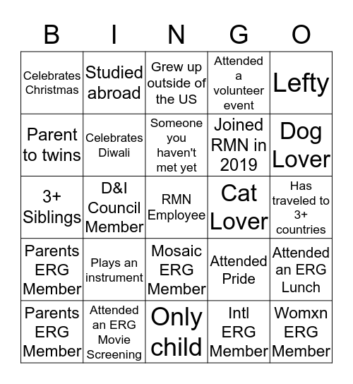 ERG Mingle Bingo Card