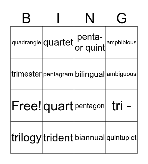 Unit 13: Greek/Latin Roots Bingo Card