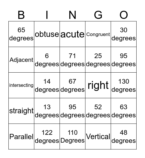 Complementary, Supplementary, and Vertical Angles Bingo Card