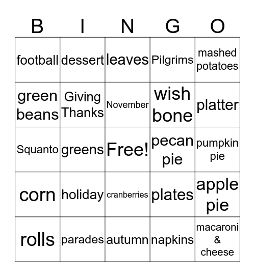THANKSGIVING Bingo Card