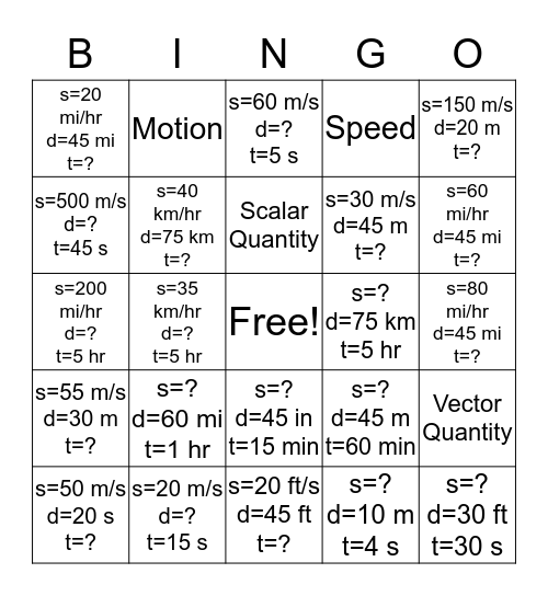 Speed and Motion Bingo Card