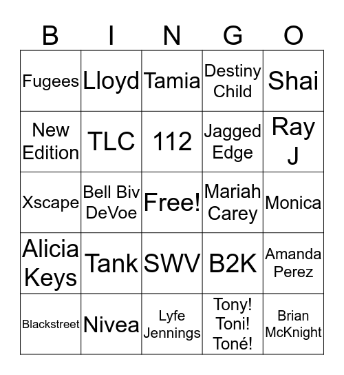 90’s R&B Bingo Card