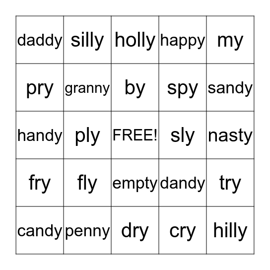 "I" at the end of a word Bingo Card