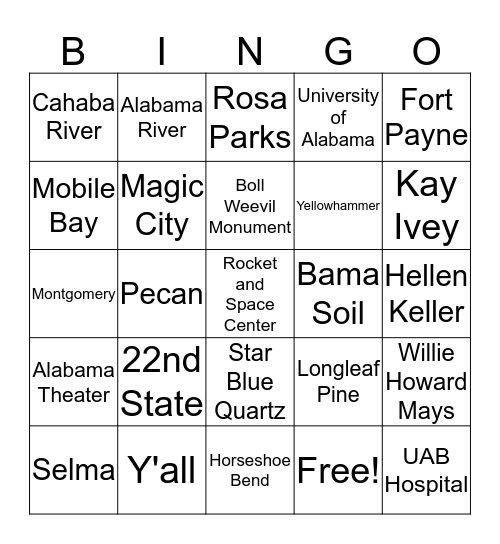 Sweet Home Alabama Bingo Card