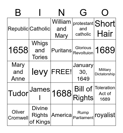 Revoltution of England Bingo Card