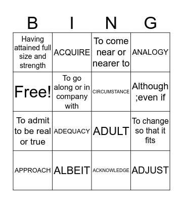 Vocabulary Bingo Card