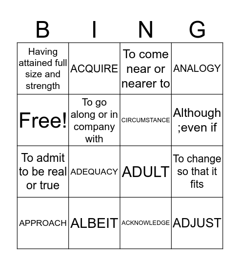 Vocabulary Bingo Card