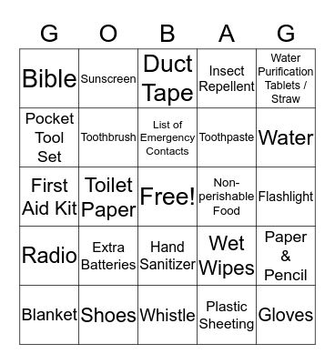 "To Go Bag Bingo" Bingo Card
