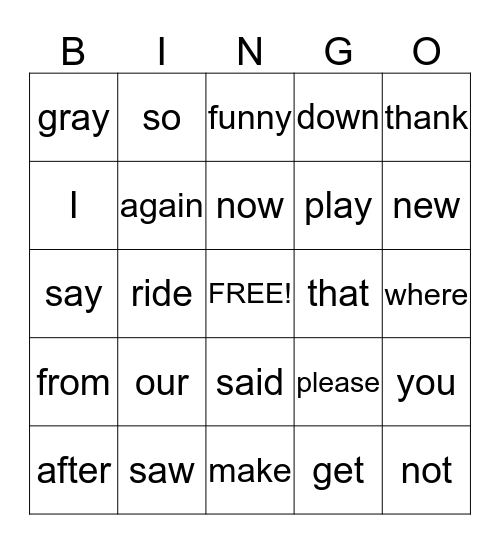 Vocabulary Bingo Card