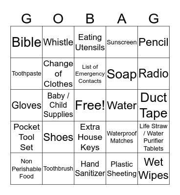 "To Go Bag" Bingo Card