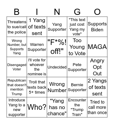 Andrew Yang Textbanking Bingo Card