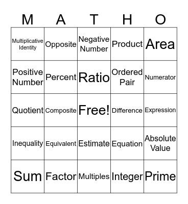 MATH VOCAB! Bingo Card