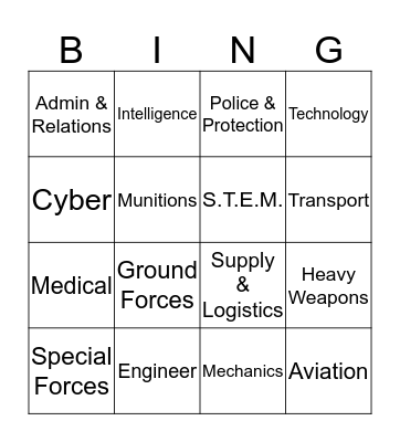 National Guard Career Fun Bingo Card