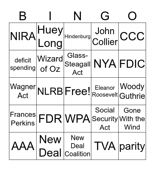 New Deal Bingo Card