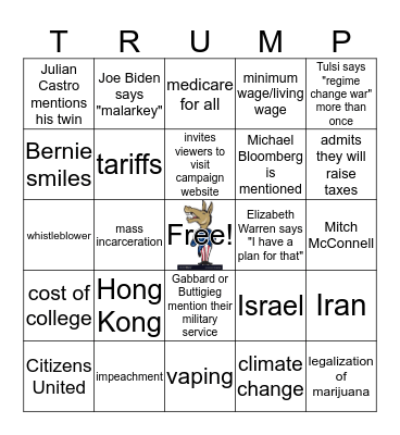 11/20 Democratic Debate Card #1 Bingo Card
