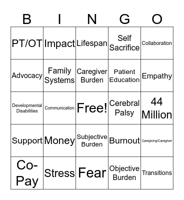Caregiver, Lifespan, Transitions Bingo Card