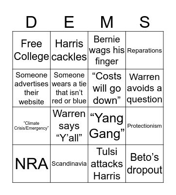 November Democratic Debate Bingo Card