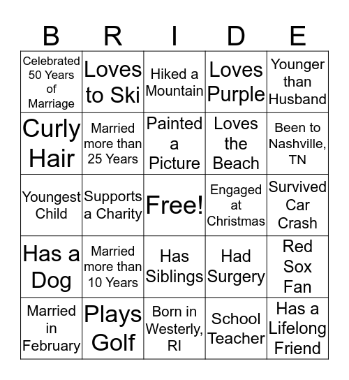 Rosie's Bridal Shower Bingo Card